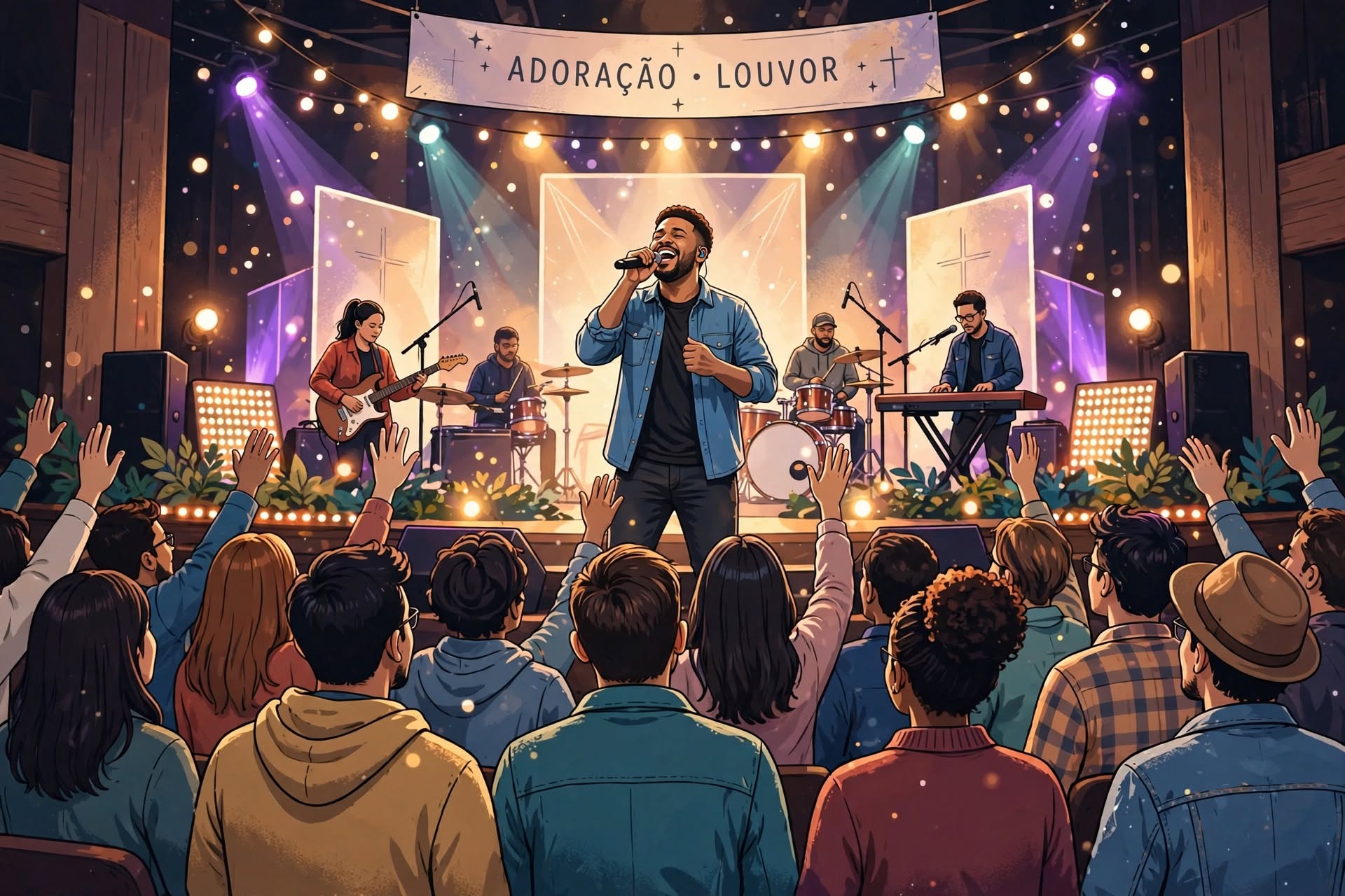 Cantor em um palco de louvor com a banda