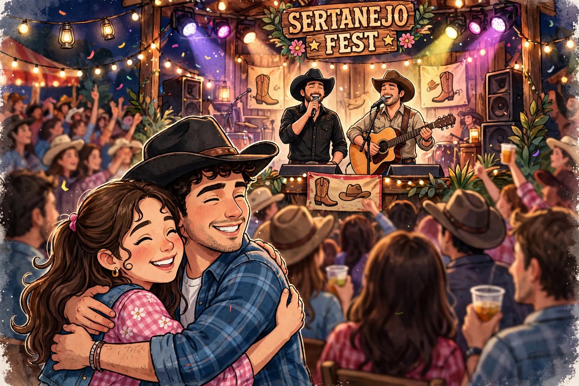 Casal abraçado em um show de sertanejo